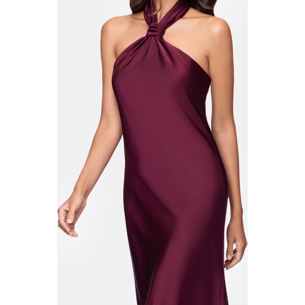New! Betsy & Adam Esmerelda Satin Halter Neck Gown Wine Size 8 - Picture 4 of 8